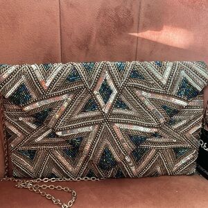 Embellished Sequin Clutch with Chain Strap